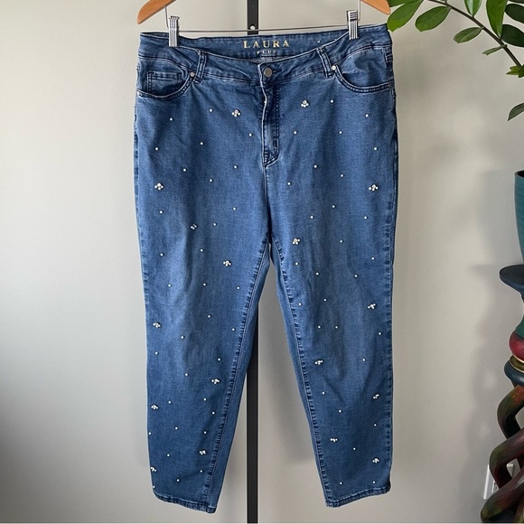 Laura Plus Embellished Pearl Rhinestone Sparkly Bling Denim Jeans Plus Size 16 - Picture 1 of 8
